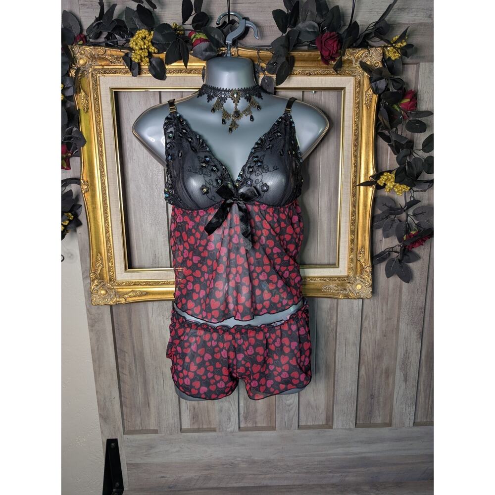 Y2K Heart Mesh Lace Cami & Shorts Set Coquette Lingerie Goth Babydoll Size M
